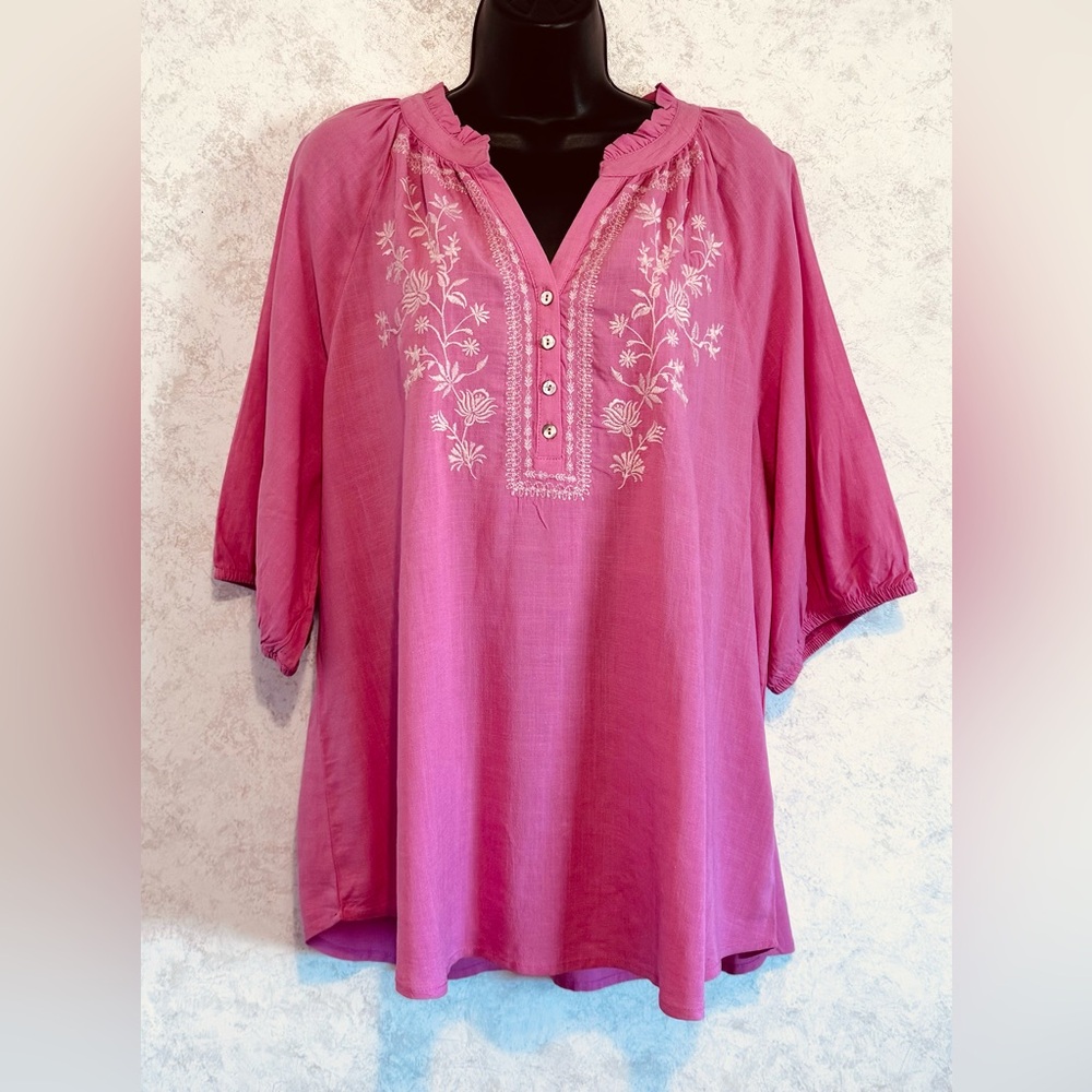 Westbound Womens Henley Blouse Pink Embroidered Size XL Gathered Elastic Sleeves